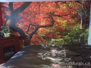 Japanese Garden Wall Mural, as seen on the wall of this bedroom, features a red Japanese maple tree overlooking a tranquil pond. Removable wallpaper sold by AboutMurals.ca.