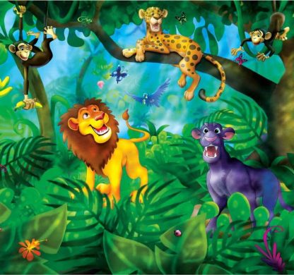 Jungle Cats Wall Mural is a kids wallpaper of an illustrated lion, panther, cheetah and monkey from About Murals.