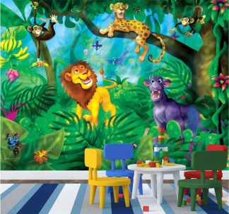 Jungle Cats Wall Mural, as seen on the wall of this kids room, is a wallpaper of a cute lion, cheetah, panther and monkey in a rainforest from About Murals.