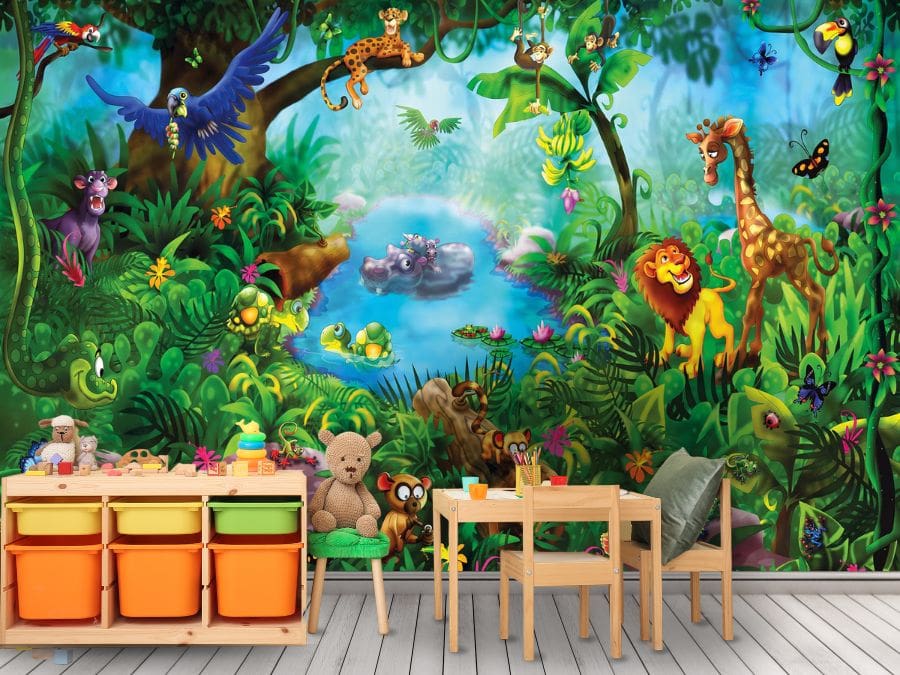 Jungle Wall Mural, as seen in this children’s playroom, is an animal wallpaper mural featuring a cute lion, giraffe, monkey, hippo, cougar, butterfly and birds from About Murals.