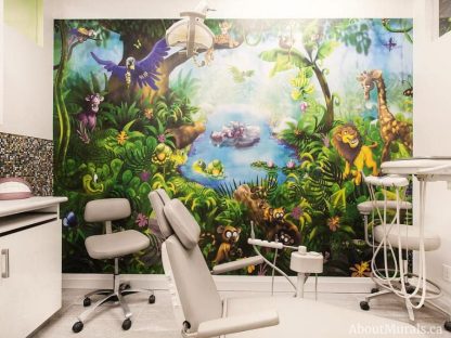 Jungle Wall Mural, as seen in this dental office, is a children’s jungle wallpaper with friendly, smiling animals in a rainforest from About Murals.