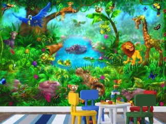 Jungle Wall Mural, as seen in this kids room, is a kids wallpaper with a lion, giraffe, monkey, hippo, cougar, butterflies and birds in a blue lagoon from About Murals.