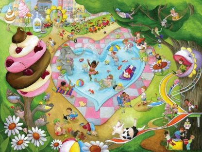 Kids Swimming Wallpaper is a whimsical park mural featuring children, an elephant, cow, pig and animals swimming in a heart shaped pool and playing in a playground from About Murals.
