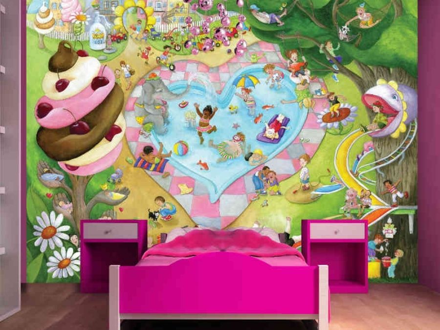 Kids Swimming Wallpaper, as seen on the wall of this bedroom, features children swimming in a heart shaped pool with animals at a park from About Murals.