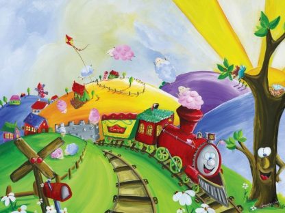 Kids Train Wallpaper is a transportation mural featuring a red locomotive chugging past farms from About Murals.