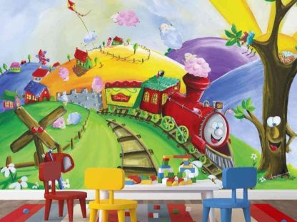 Kids Train Wallpaper, as seen on the wall of this playroom, features a whimsical train chugging through colourful mountains from About Murals.
