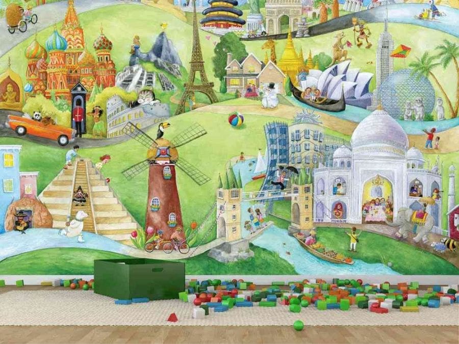 Kids Travel Wallpaper, as seen on the wall of this playroom, is a mural of whimsical landmarks from around the world from About Murals.