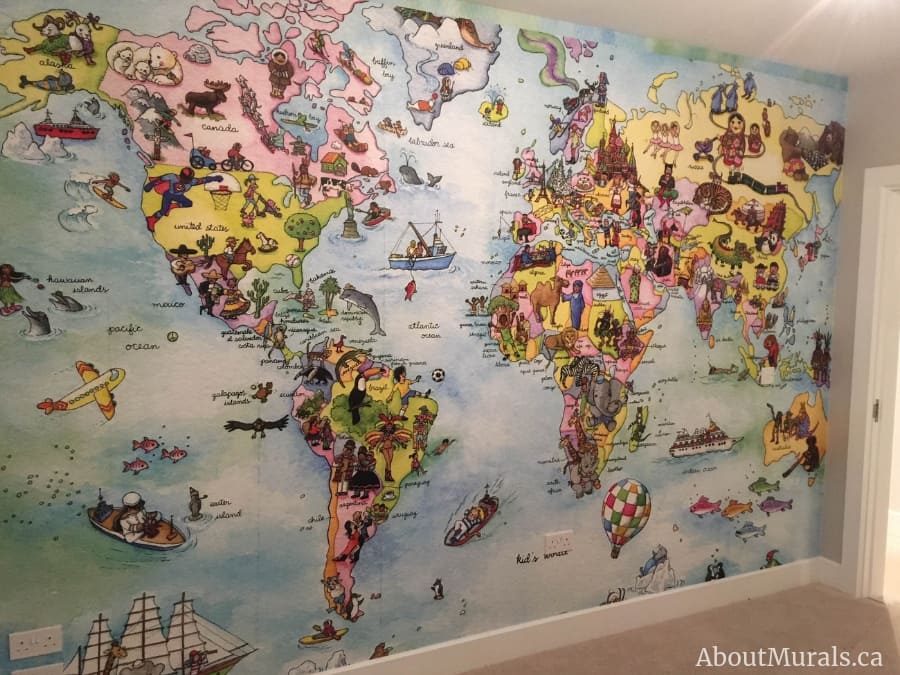Kids World Map Wall Mural, as seen in this bedroom, features cute animals, athletes, dancers, ships, plans and tourist landmarks from around the globe. World map wallpaper from AboutMurals.ca.