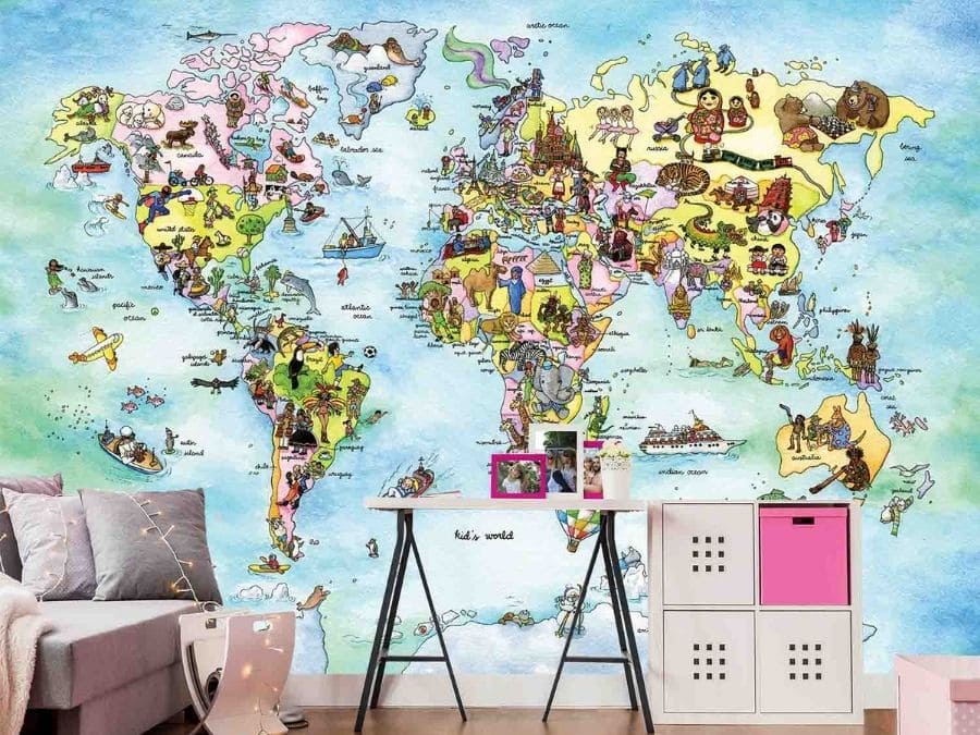 Kids World Map Wall Mural, as seen in this playroom, features cute animals, people of different cultures and famous tourist attractions. Map wallpaper sold by About Murals.