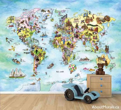 Kids World Map Wall Mural, as seen in this playroom, features whimsical animals, tourist landmarks, boats, hot air balloons, airplanes and people from around the globe. Map wallpaper from AboutMurals.ca.