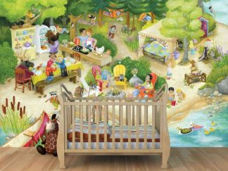Camping Wall Mural, as seen in this camping themed nursery, is a kids wallpaper featuring animals drinking coffee, cooking food, fishing, napping and having a camp fire from About Murals.