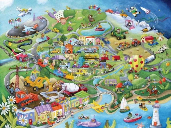 Leonard on Board Wall Mural is a transportation mural for kids with a car, truck, bus, tractor, boat, spaceship, train and more from About Murals.