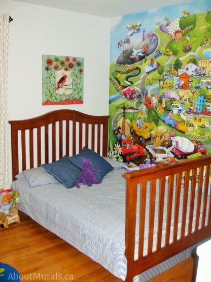 Leonard on Board Wall Mural, as seen in this boys bedroom, features animals and people getting around a city in an airplane, train, car, school bus, fire engine, police car, boat and even rocket ship. Kids wallpaper sold by AboutMurals.ca