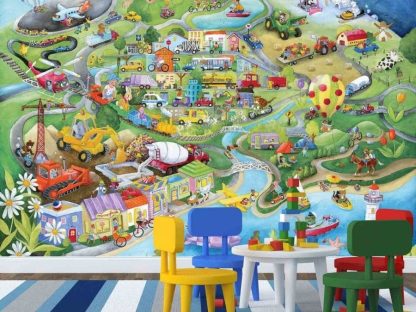 Leonard on Board Wall Mural, as seen in this kids room, is a transportation wallpaper with construction vehicles, police cars, ambulance, fire truck, race cars, bus, train, helicopter, airplane and more from About Murals.