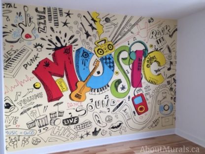 Let's Get Musical Wall Mural, as seen in this bedroom, has doodles of music instruments printed on removable wallpaper that's sold by AboutMurals.ca