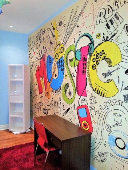 Let's Get Musical wall mural, as seen in this playroom, features a graffiti inspired music illustration printed onto removable wallpaper sold by AboutMurals.ca