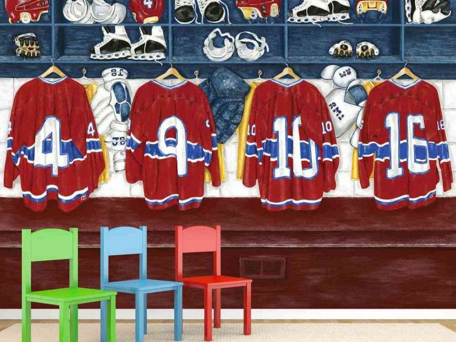 Locker Room Wall Mural, as seen in this kids room, is a hockey wallpaper features red and blue hockey jerseys, ice skates and helmets in cubbies from About Murals.