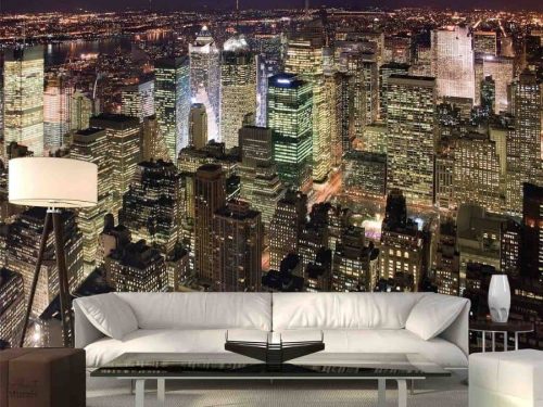 Manhattan at Night Wallpaper in a Living Room from About Murals