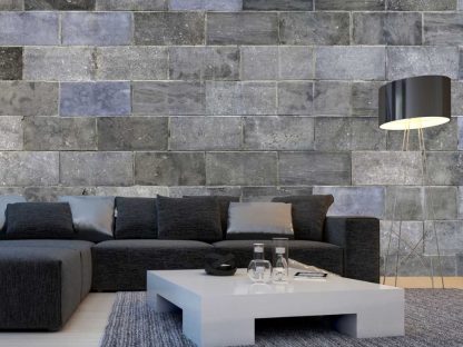 Marbled Blocks Wall Mural, as seen in this living room, features stacked grey marble slabs from About Murals.