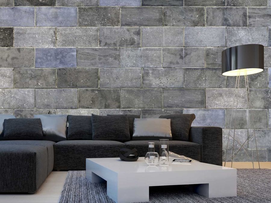 Marbled Blocks Wall Mural, as seen in this living room, features stacked grey marble slabs from About Murals.