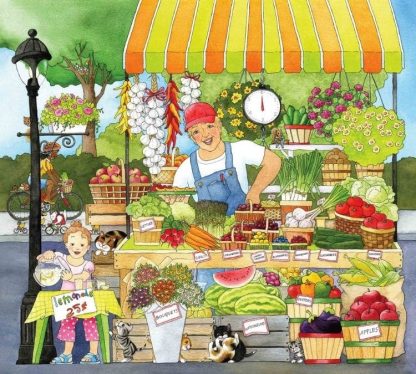 Market Place Wall Mural is a kids wallpaper featuring a farmer and a girl selling groceries at a market stall from About Murals.