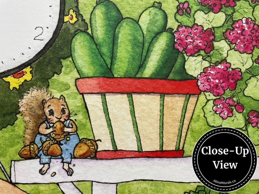A close-up of a squirrel eating a nut next to a basket of cucumbers from Market Place Wall Mural sold by About Murals.