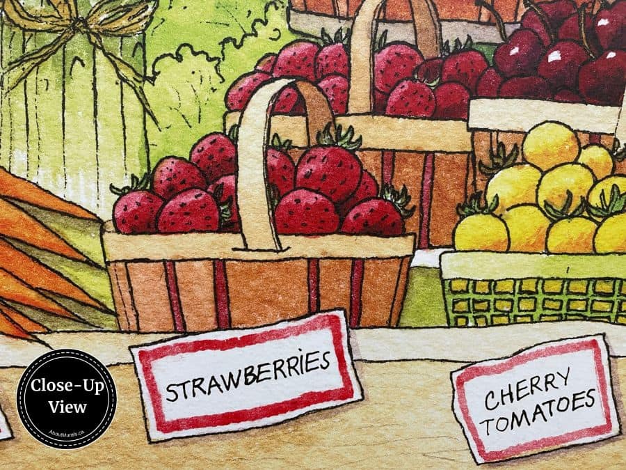 A close-up of fruit in baskets with labels from Market Place Wall Mural by About Murals.