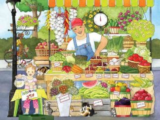 Market Place Wall Mural, as seen in this kids room, is a kids wallpaper featuring a farmer and his daughter selling fruit and vegetables at a market stall from About Murals.