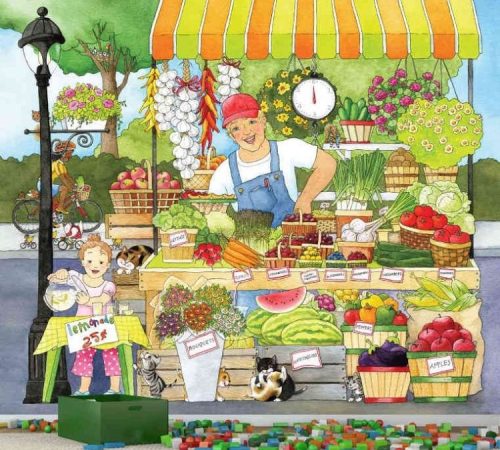 Market Place Wall Mural, as seen in this kids room, is a kids wallpaper featuring a farmer and his daughter selling fruit and vegetables at a market stall from About Murals.