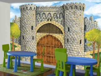 Medieval Castle Wall Mural, as seen in this kids room, features a grey stone castle with wooden doors from About Murals.