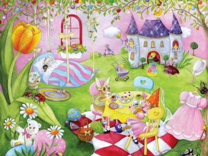 Mia's World Dolls Wall Mural is a kids wallpaper with princess dolls having tea by an enchanted castle from About Murals.