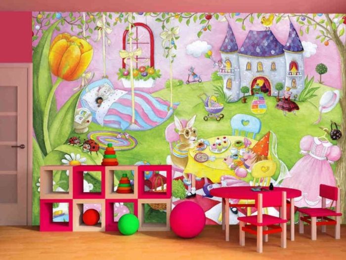 Mia's World Dolls Wall Mural, as seen in this kids room, features princess dolls having a tea party under a purple castle from About Murals.