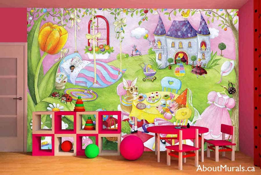 Mia's World Princess Wall Mural, as seen in this pink playroom, features royal dolls having a tea party in a castle garden. Kids wallpaper sold by AboutMurals.ca.