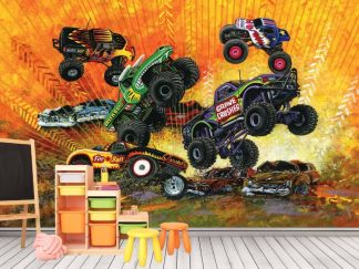 Monster Truck Wallpaper, as seen on the wall of this kids room, is a wall mural inspired by Monster Jam with 5 trucks performing freestyle stunts against an orange background from About Murals.