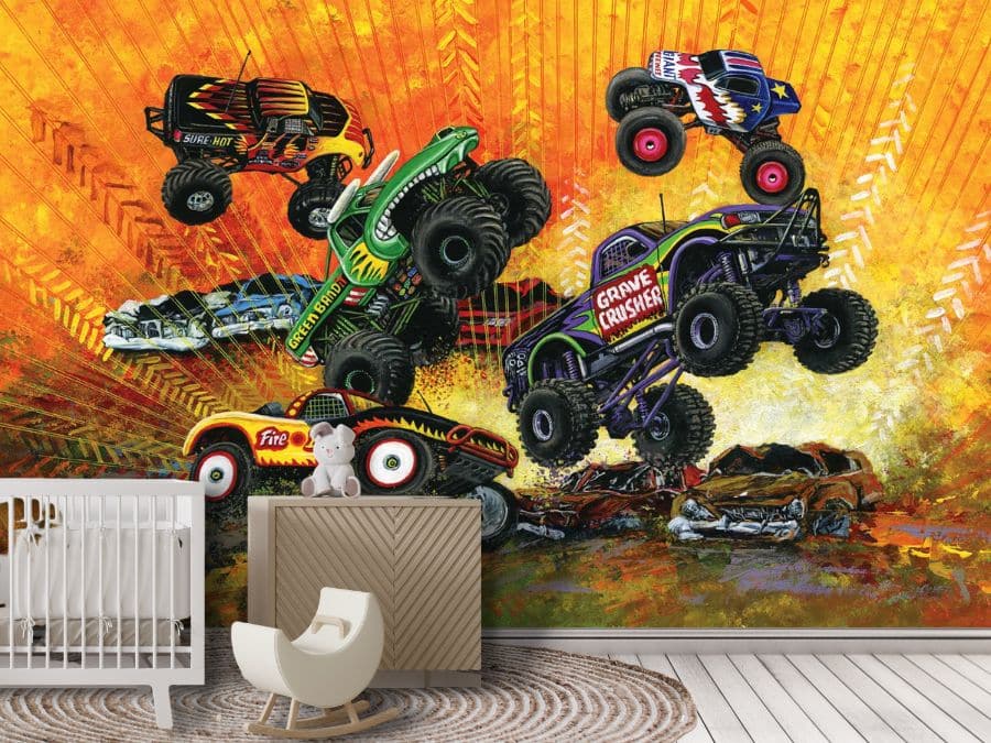Monster Truck Wallpaper, as seen on the wall of this nursery, is a kids wall mural inspired by monster jam with 5 trucks crushing cars against an orange background from About Murals.