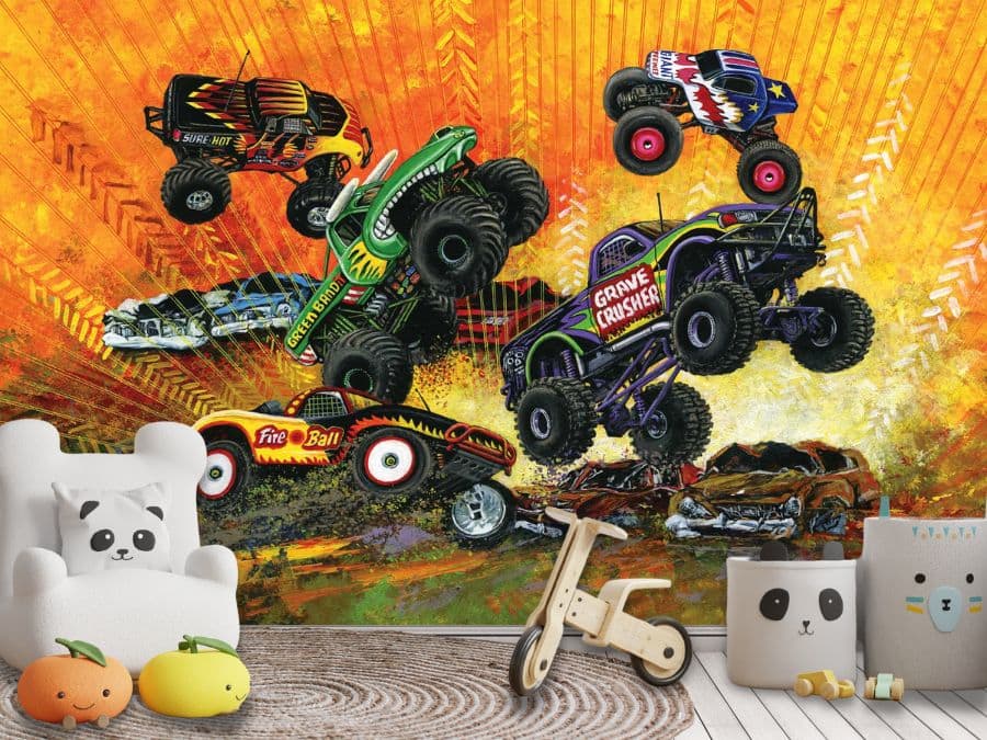 Monster Truck Wallpaper, as seen on the wall of this playroom, is a kids mural of cool animated trucks racing each other and crushing cars from About Murals.