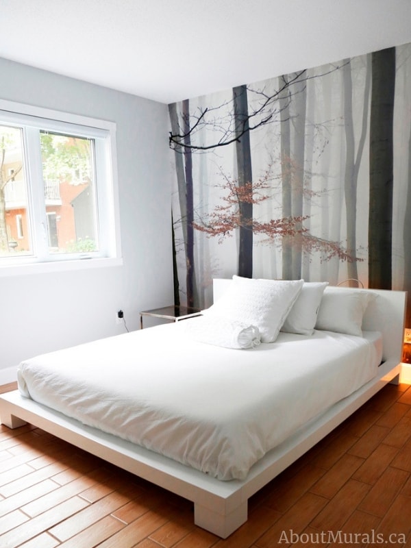 Morning fog wall mural is a forest themed wallpaper, pictured in this customer's bedroom. Sold by AboutMurals.ca