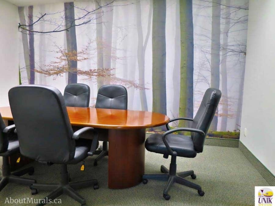 Morning fog wall mural is a forest themed wallpaper, pictured here in this customer's office. Sold by AboutMurals.ca