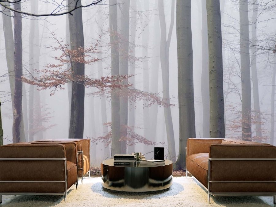 Morning Fog Wallpaper, as seen on the wall of this living room, is a realistic photo mural of a brown and orange autumn trees in a grey misty forest from About Murals.