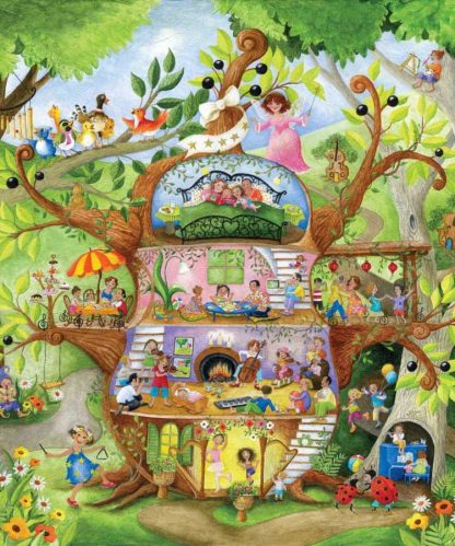 Music Lesson Wallpaper is a kids mural of children and animals learning to play an instrument in a cello inspired tree house from About Murals.