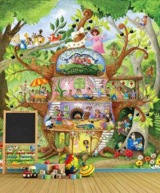 Music Lesson Wallpaper, as seen on the wall of this kids room, is a mural with animals and children playing instruments in a whimsical treehouse from About Murals.
