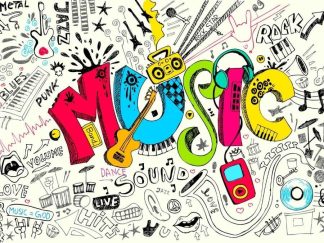 Musical Wall Mural is a kids graffiti wallpaper with the word Music surrounded by a guitar, drums, sax, piano and trumpet from About Murals.