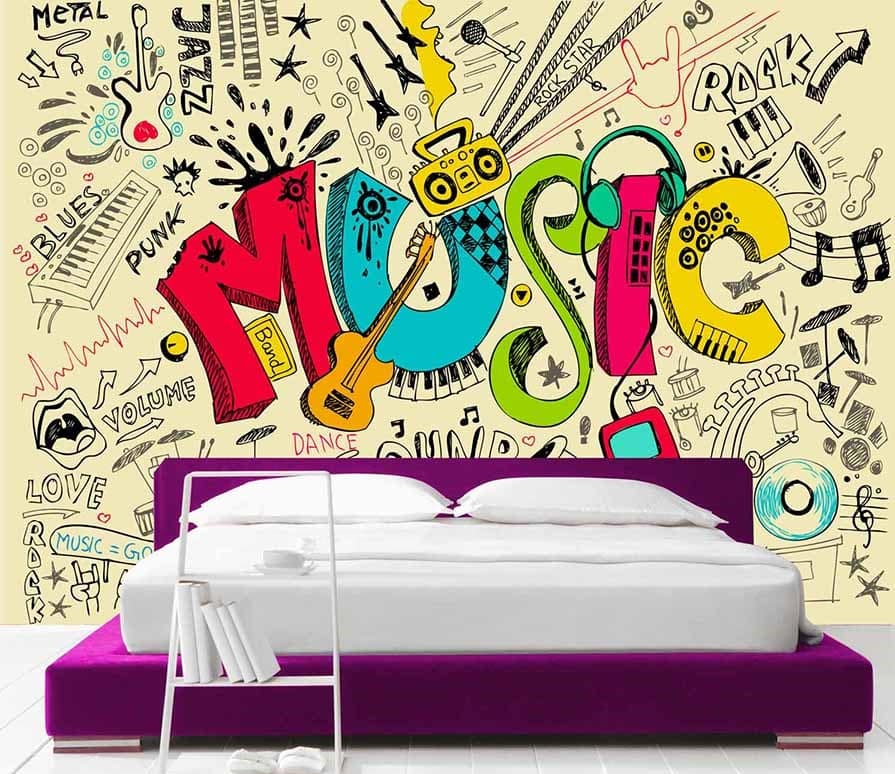Musical Wall Mural, as seen in this bedroom, is a kids wallpaper with graffiti style music doodles from About Murals.