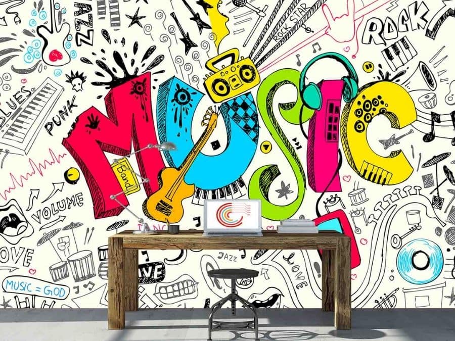 Musical Wall Mural, as seen in this kids room, is a graffiti wallpaper with the word Music and musical instruments from About Murals.
