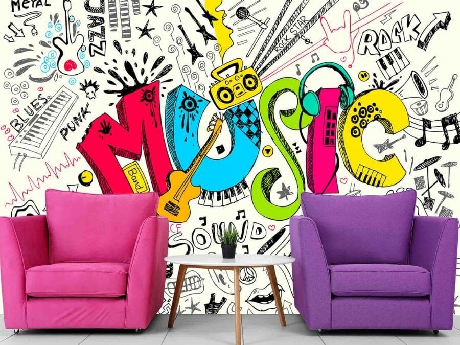 Musical Wall Mural, as seen in this playroom, is a kids wallpaper with kids music doodles from About Murals.