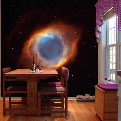 Helix Nebula Wallpaper, as seen on the wall of this kitchen, is a photo mural of the NGC 7293 Eye of God nebula in space from About Murals.