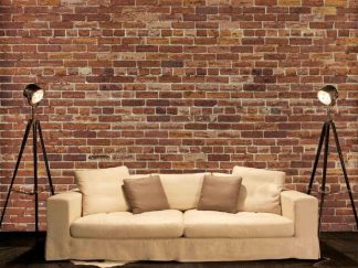 Not Just Another Brick on the Wall Mural, as seen in this living room, is a red brick wallpaper with a textured look. Faux brick wallpaper sold by AboutMurals.ca
