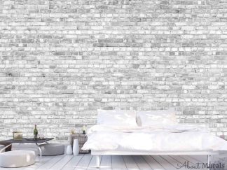 Old Brick Wall Mural Light Black and White, as seen in this white bedroom, creates textured walls with its light and airy grey brick. Grey brick wallpaper sold by AboutMurals.ca.