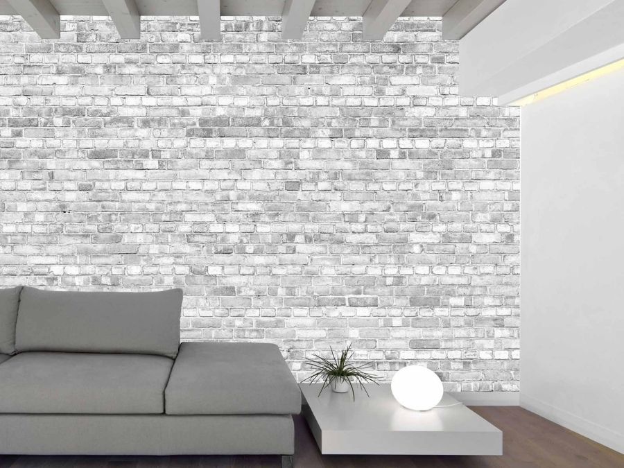 Old Brick Wall Mural Light Black and White, as seen in this grey living room, is a gray brick wallpaper from About Murals.