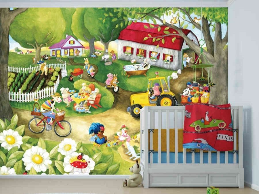 Farm Animal Wallpaper, as seen in this nursery, is a kids mural of animals doing the things a farmer normally does from About Murals.